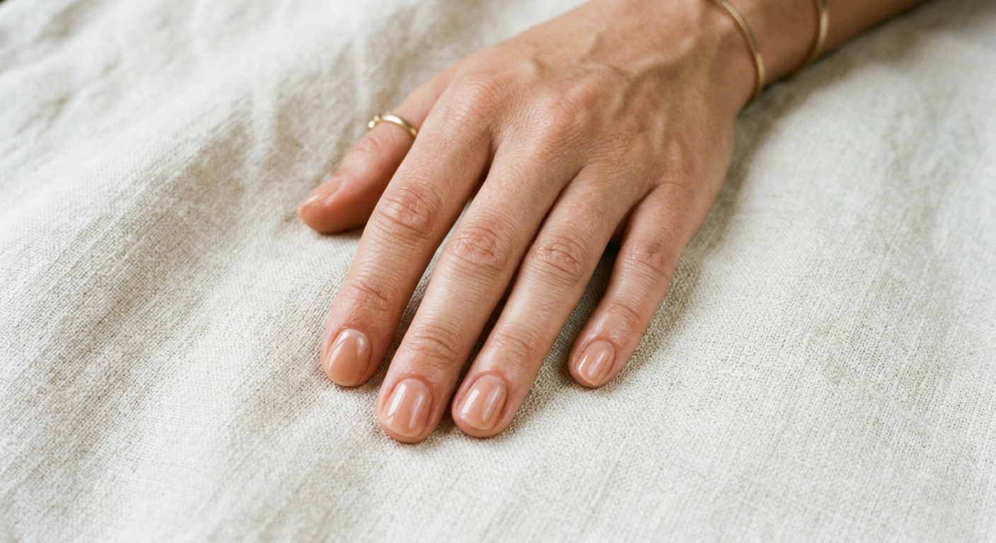 Natural builder gel overlay in a glossy nude