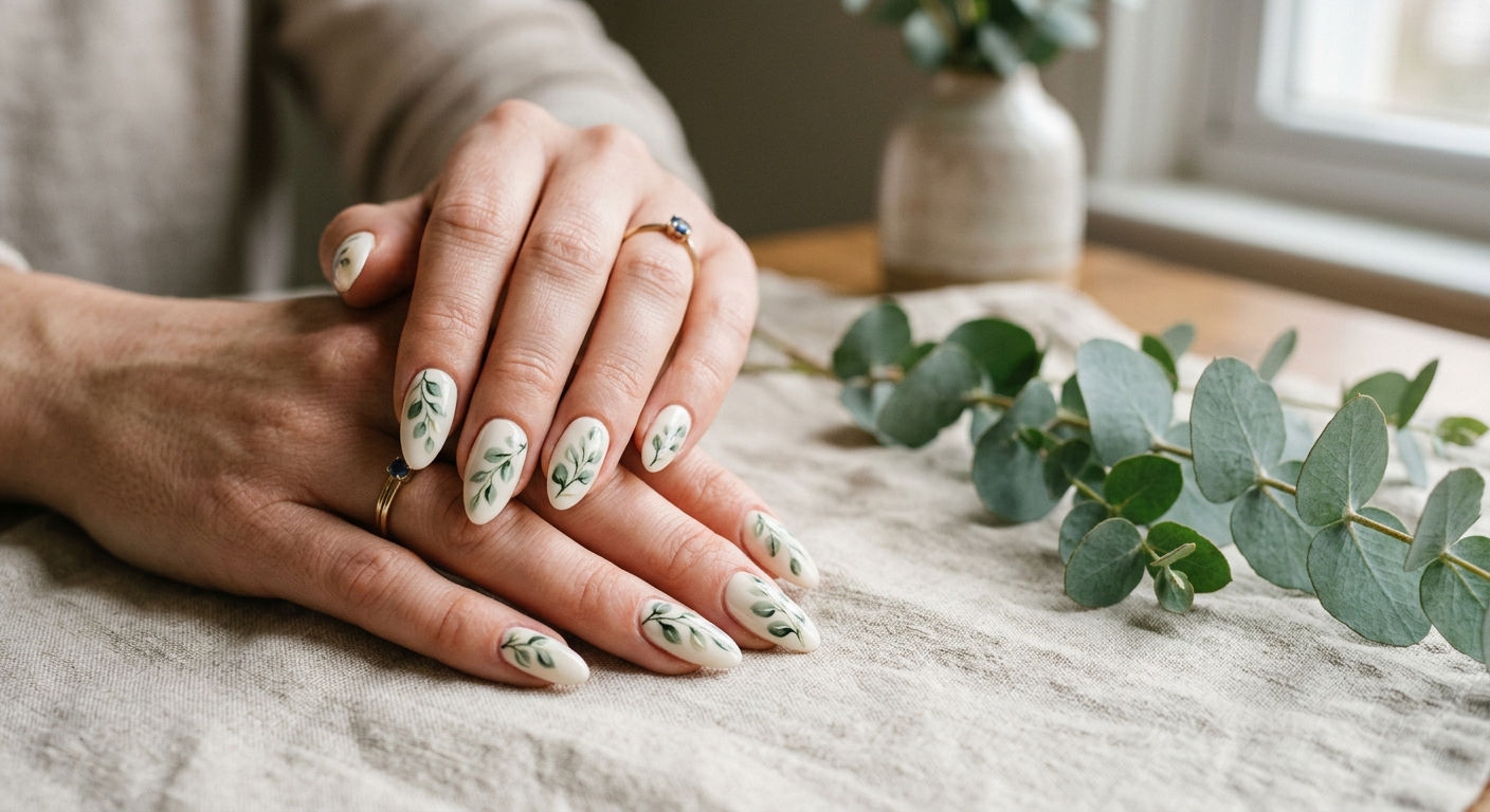 Sage green eucalyptus leaves painted across an almond shape
