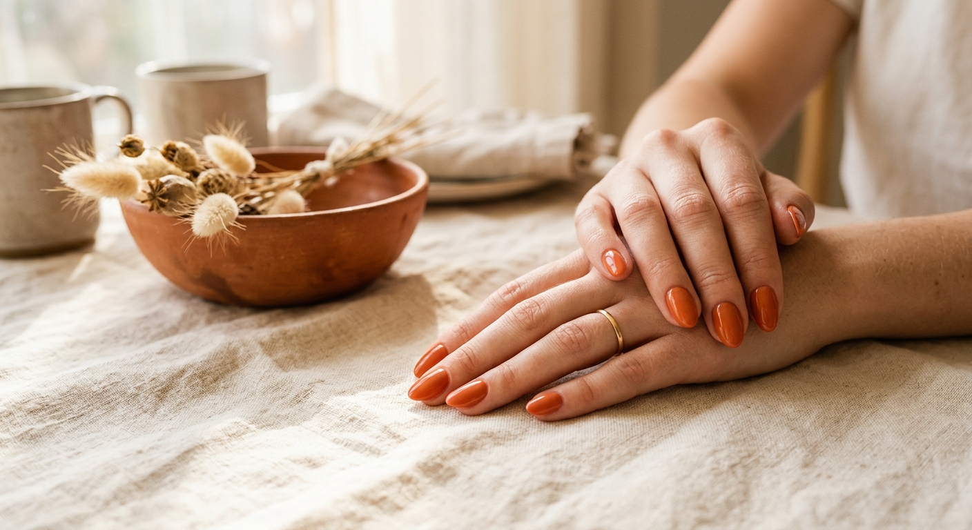 Warm terracotta gel set, short almond shape