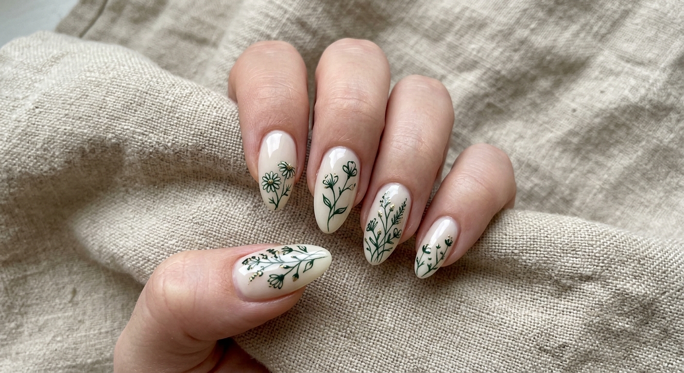 Fine-line wildflower nail art on a cream base