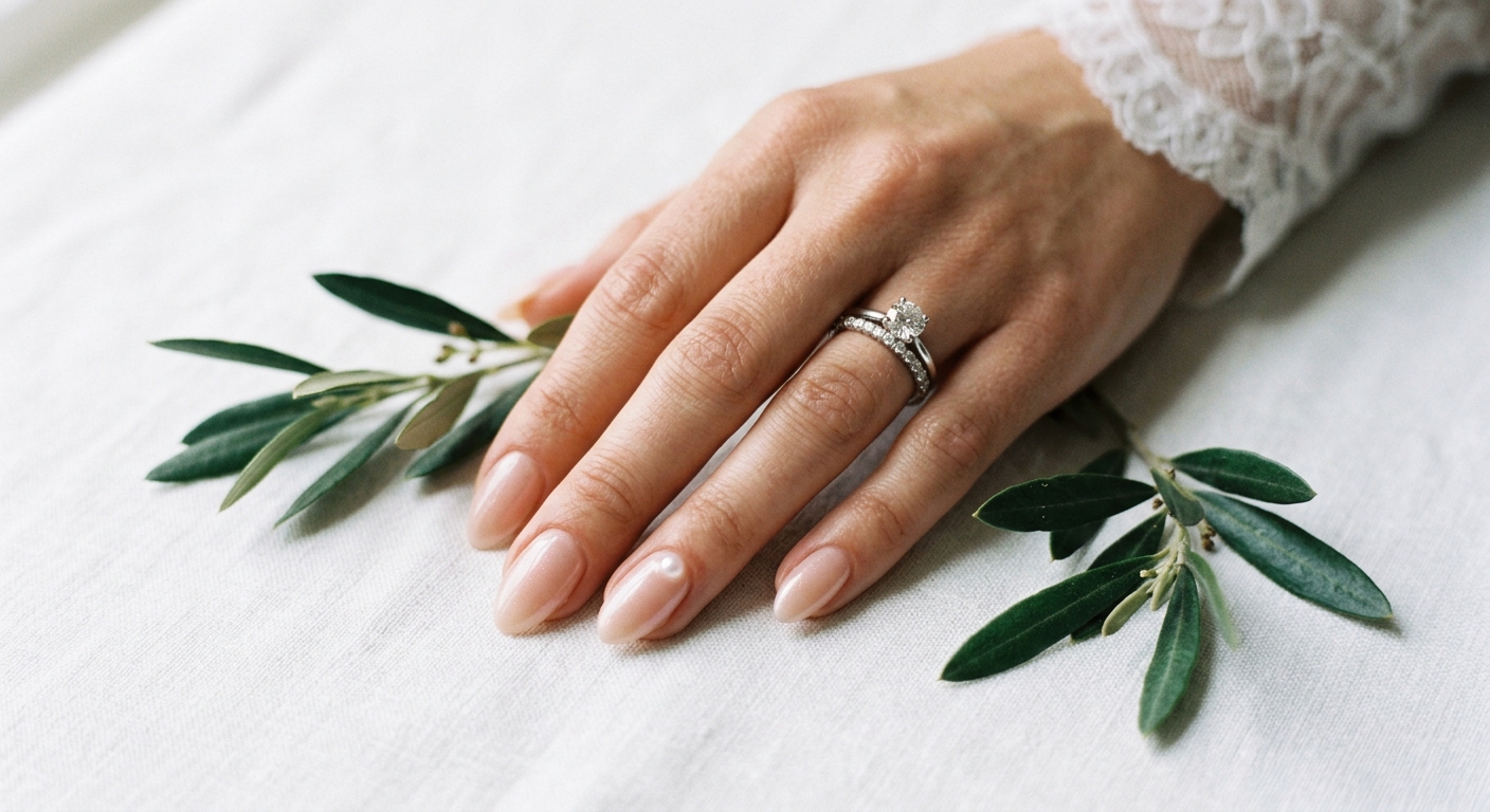Bridal soft-glow gel manicure with a single pearl accent